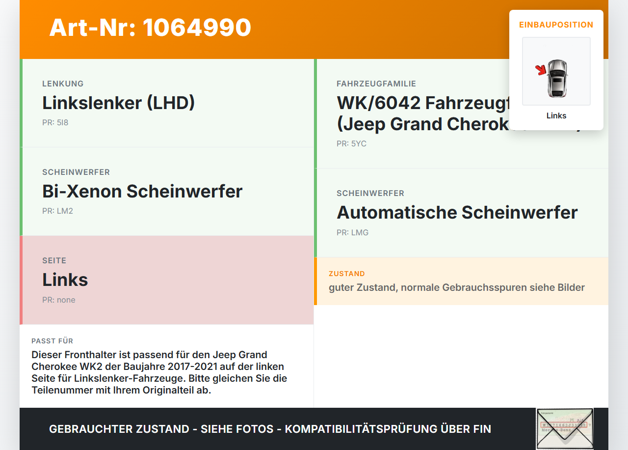 Jeep Grand Cherokee WK2 17-21 Fronthalter Träger Verbinder Links für Frontmaske Jeep Grand Cherokee WK2 17-21... Vorschau 3