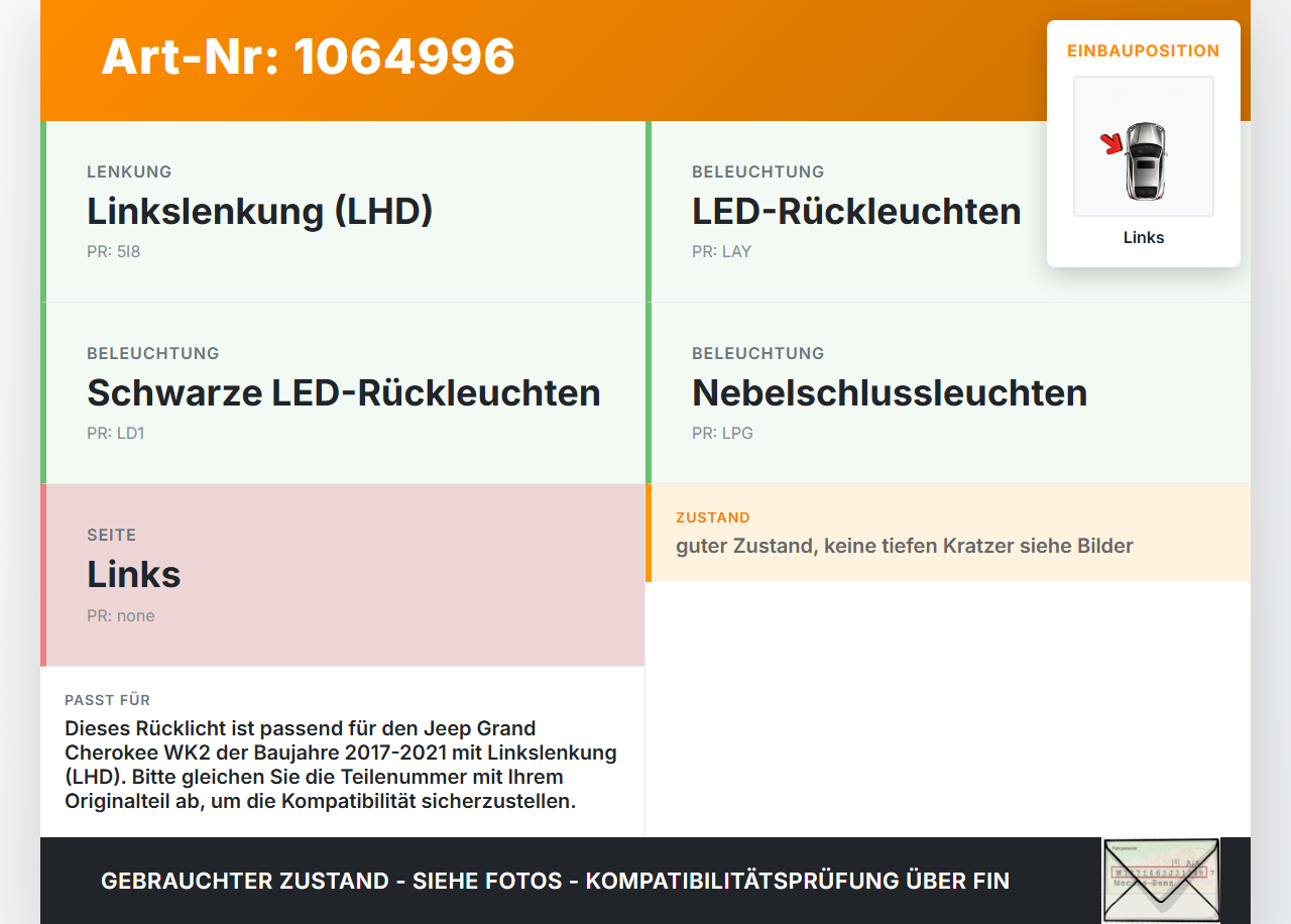 Jeep Grand Cherokee WK2 17-21 Rückleuchte Rücklicht Heckleuchte Links orig Jeep Grand Cherokee WK2 17-21 16.09.2016... Vorschau 3