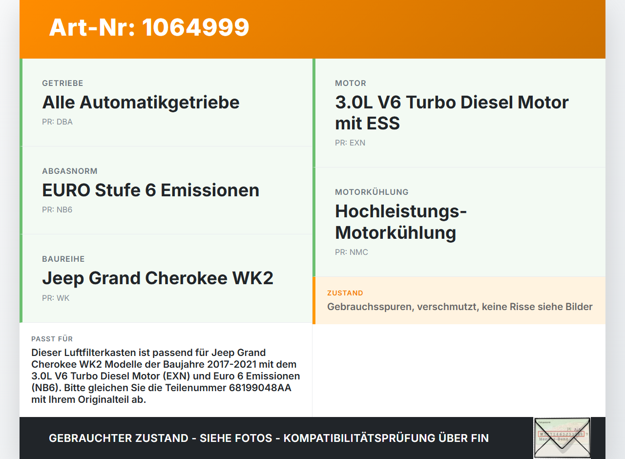Jeep Grand Cherokee WK2 17-21 3,0d 184KW Luftfilterkasten Jeep Grand Cherokee WK2 17-21 16.09.2016 68199048AA gebraucht Vorschau 3