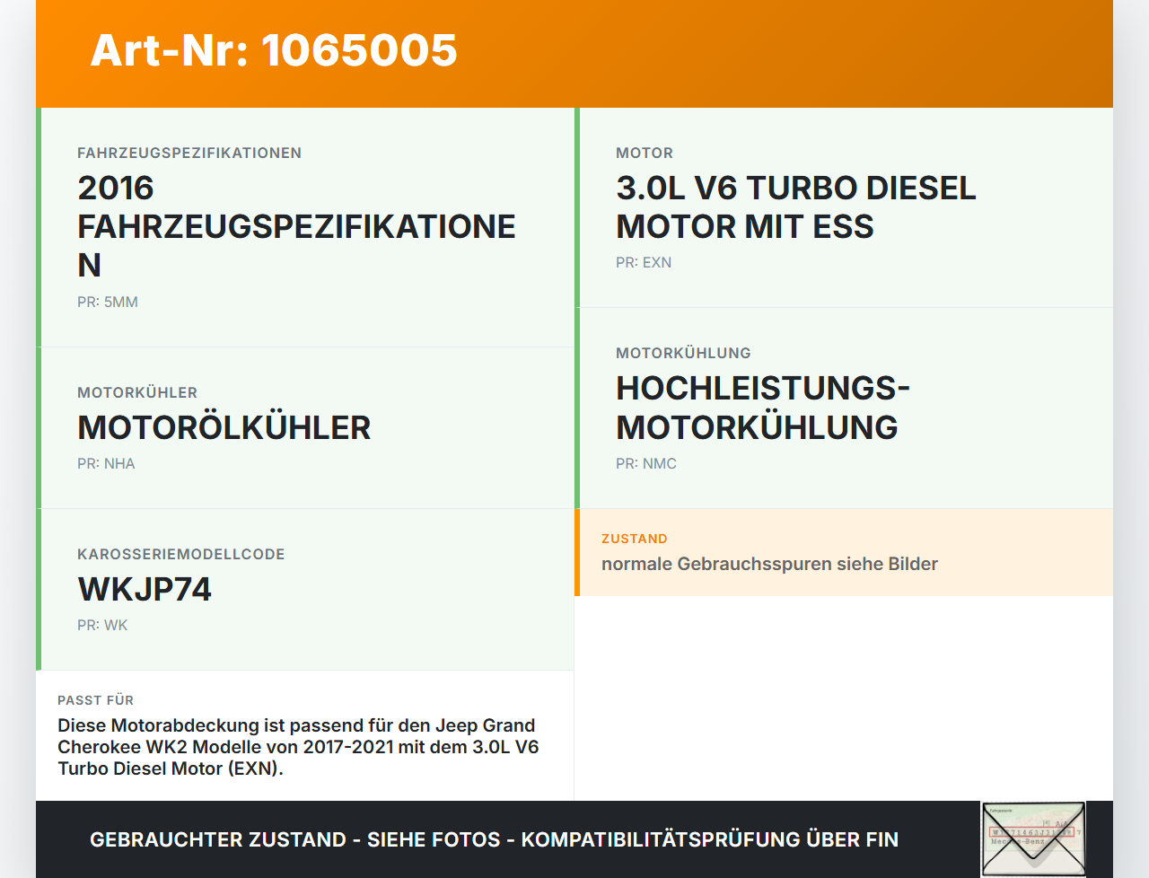 Jeep Grand Cherokee WK2 17-21 3,0d 184KW EXN Abdeckung für Motor Deckel Motorabdeckung Jeep Grand Cherokee WK2... Vorschau 3