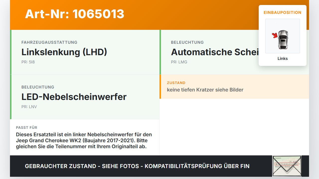 Jeep Grand Cherokee WK2 17-21 Nebelscheinwerfer Links orig. Jeep Grand Cherokee WK2 17-21 16.09.2016 D892168 gebraucht Vorschau 3