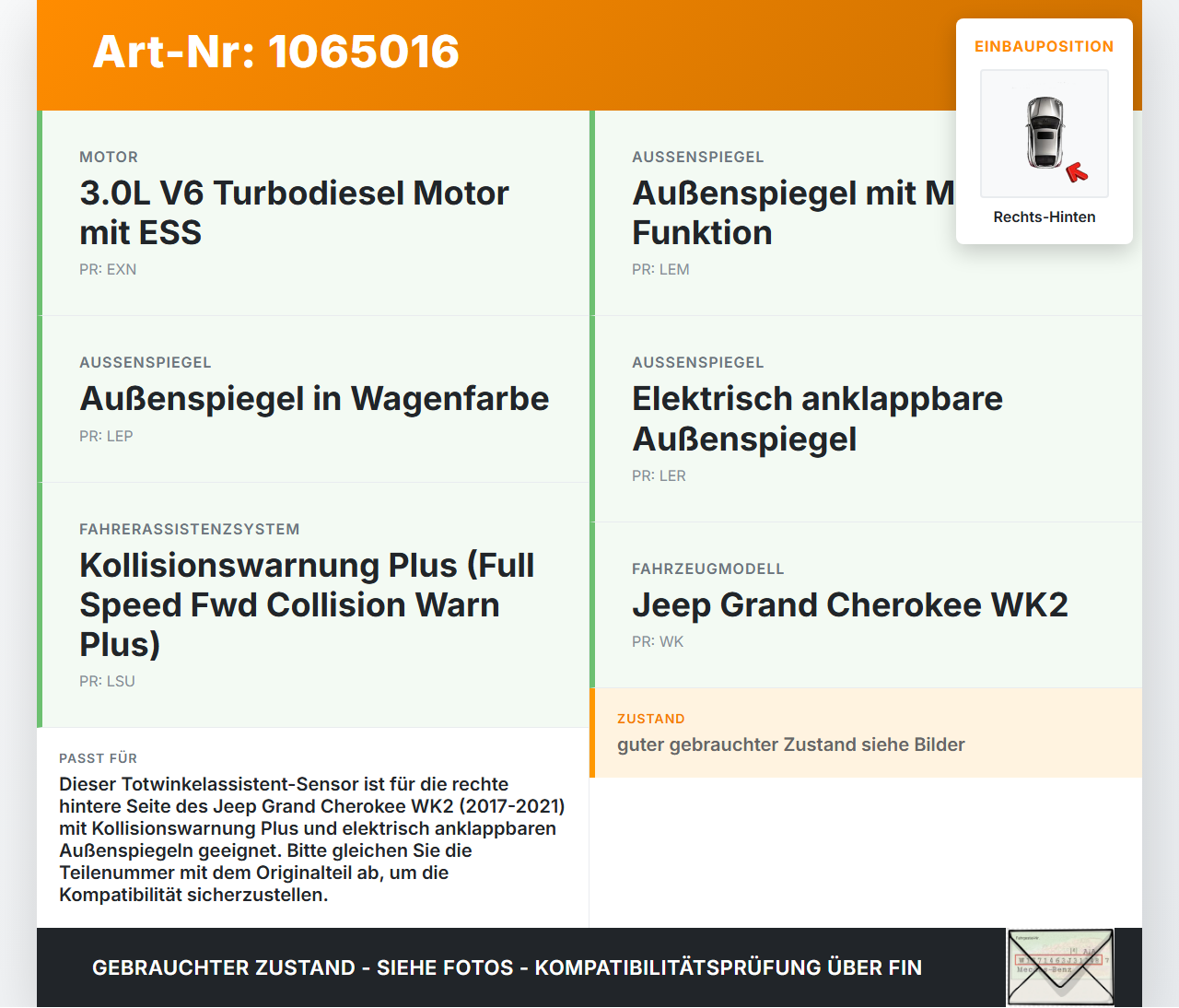 Jeep Grand Cherokee WK2 17-21 3,0d 184KW Sensor Totwinkelassistent Rechts Hinten Jeep Grand Cherokee WK2 17-21... Vorschau 3