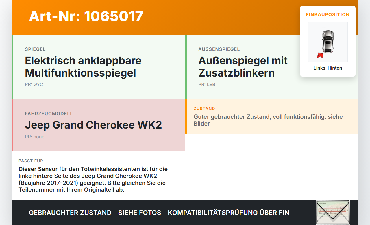 Jeep Grand Cherokee WK2 17-21 3,0d 184KW Sensor Totwinkelassistent Links Hinten Jeep Grand Cherokee WK2 17-21... Vorschau 3