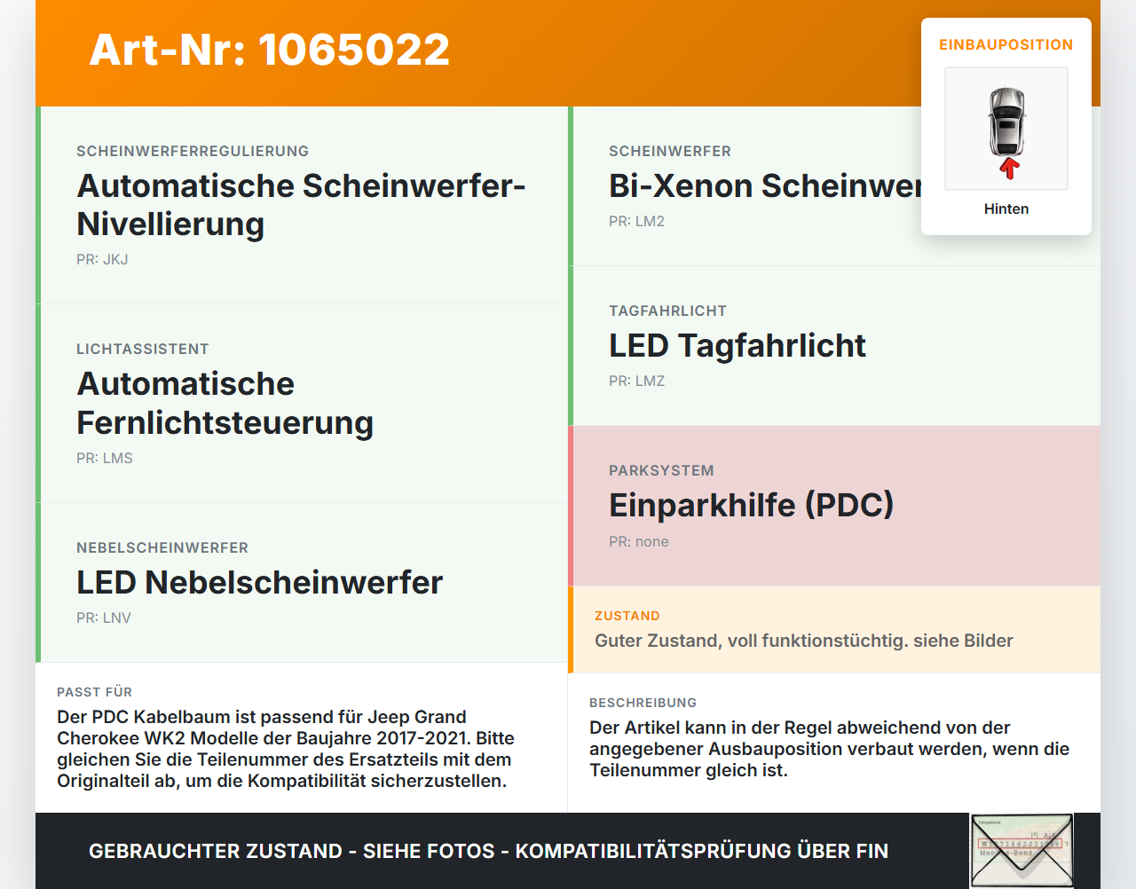 Jeep Grand Cherokee WK2 17-21 PDC Kabelbaum Pos.1 Hinten Jeep Grand Cherokee WK2 17-21 16.09.2016 gebraucht Vorschau 3