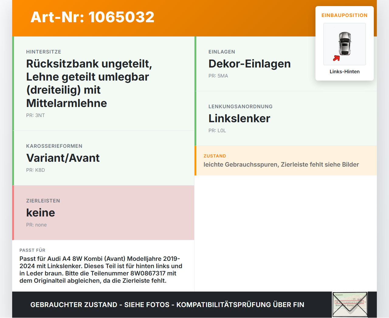 Audi A4 8W 19-24 Kombi Türverkleidung Türpappe Leder braun Hinten Links Audi A4 8W 19-24 27.01.2020 8W0867317... Vorschau 3