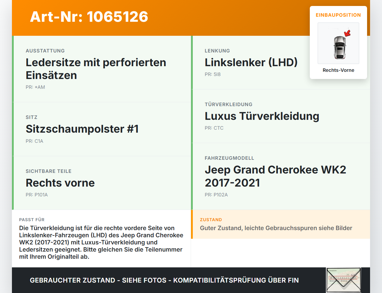 Jeep Grand Cherokee WK2 17-21 Türverkleidung Türpappe Rechts Vorne Jeep Grand Cherokee WK2 17-21 16.09.2016... Vorschau 3