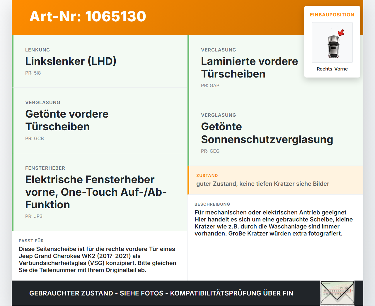 Jeep Grand Cherokee WK2 17-21 Seitenscheibe RVK Türscheibe Rechts Vorne VSG Jeep Grand Cherokee WK2 17-21... Vorschau 3