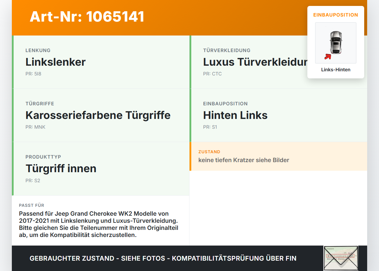 Jeep Grand Cherokee WK2 17-21 Türgriff Griffmuschel Griff Innen Links Hinten Jeep Grand Cherokee WK2 17-21... Vorschau 3