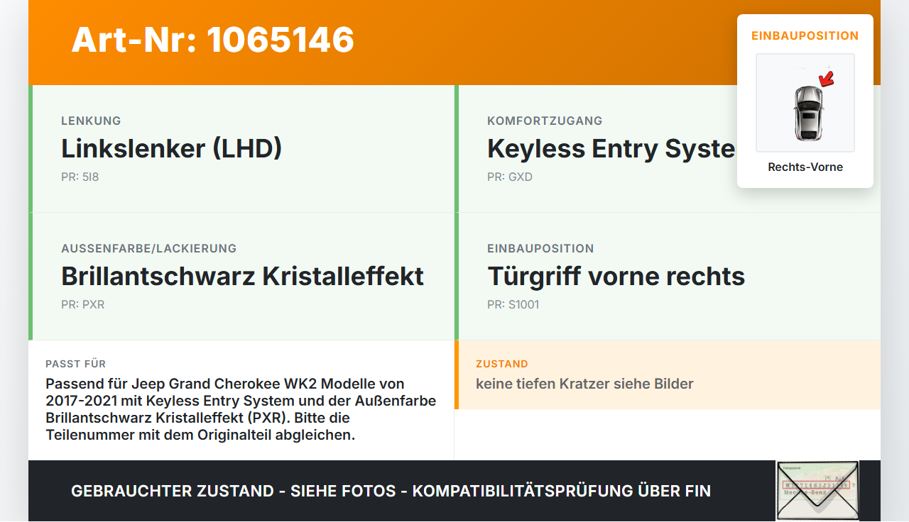 Jeep Grand Cherokee WK2 17-21 Türgriff Griff aussen Rechts Vorne Keyless Entry PXR Jeep Grand Cherokee WK2 17-21... Vorschau 3