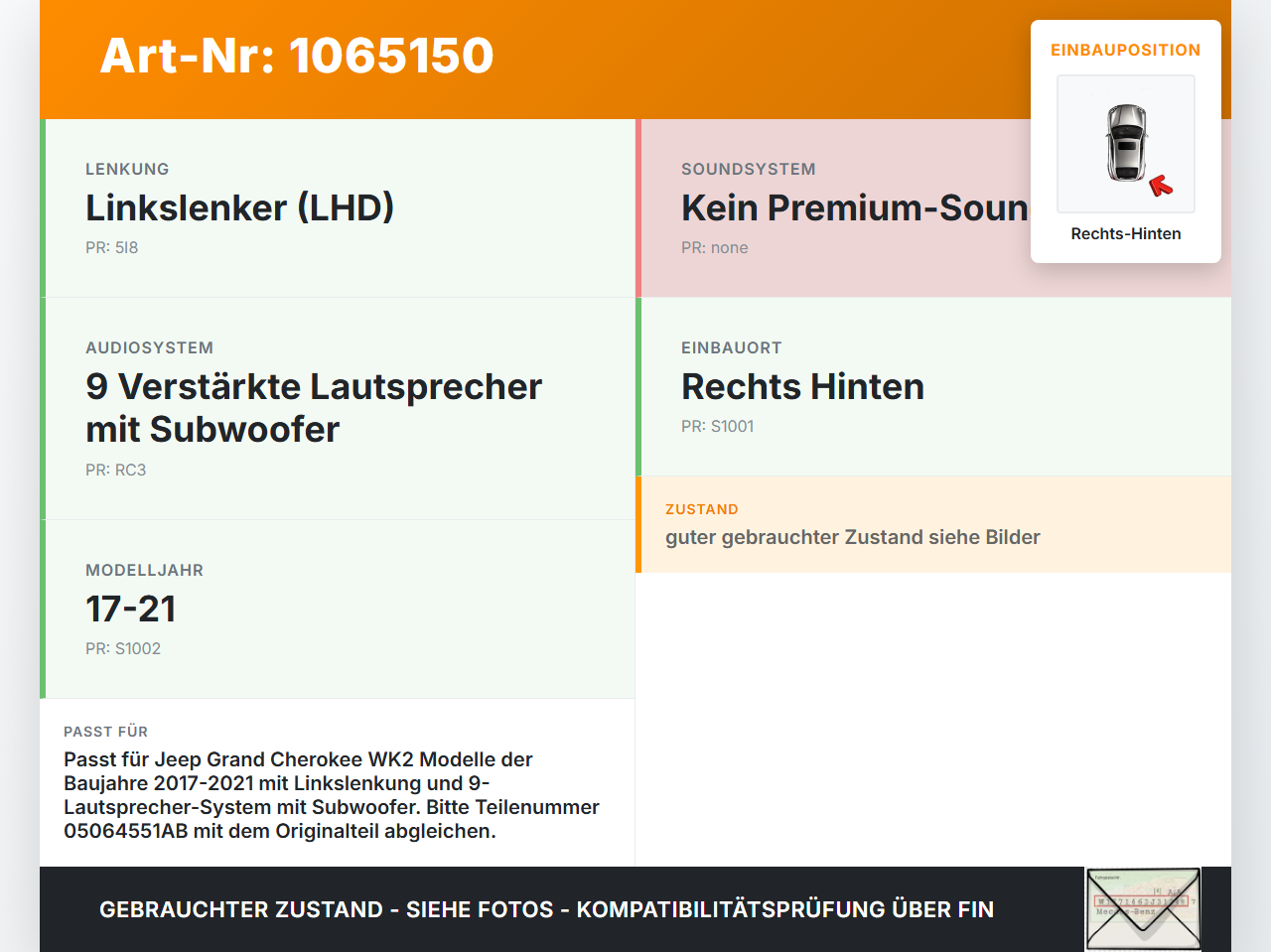 Jeep Grand Cherokee WK2 17-21 Lautsprecher Rechts Hinten Jeep Grand Cherokee WK2 17-21 16.09.2016 05064551AB... Vorschau 3