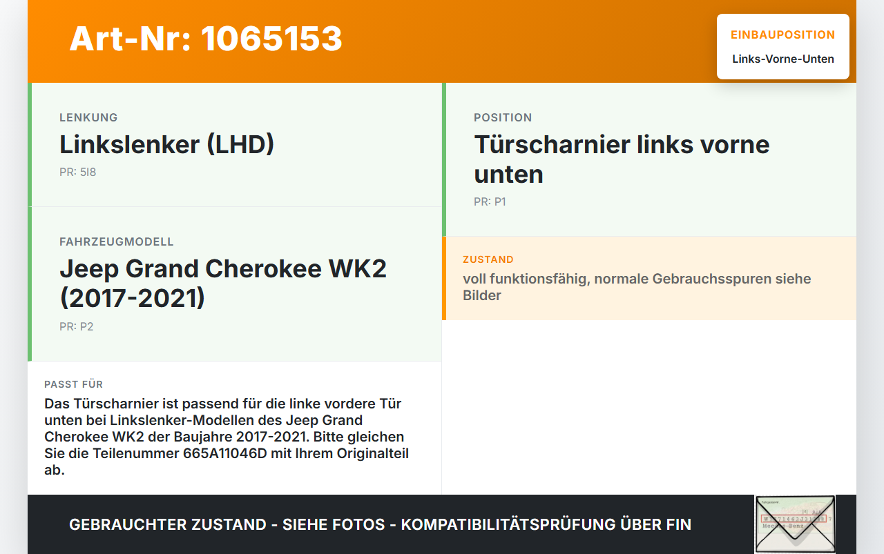 Jeep Grand Cherokee WK2 17-21 Türscharnier Scharnier für Tür Links Vorne Unten Jeep Grand Cherokee WK2 17-21... Vorschau 3