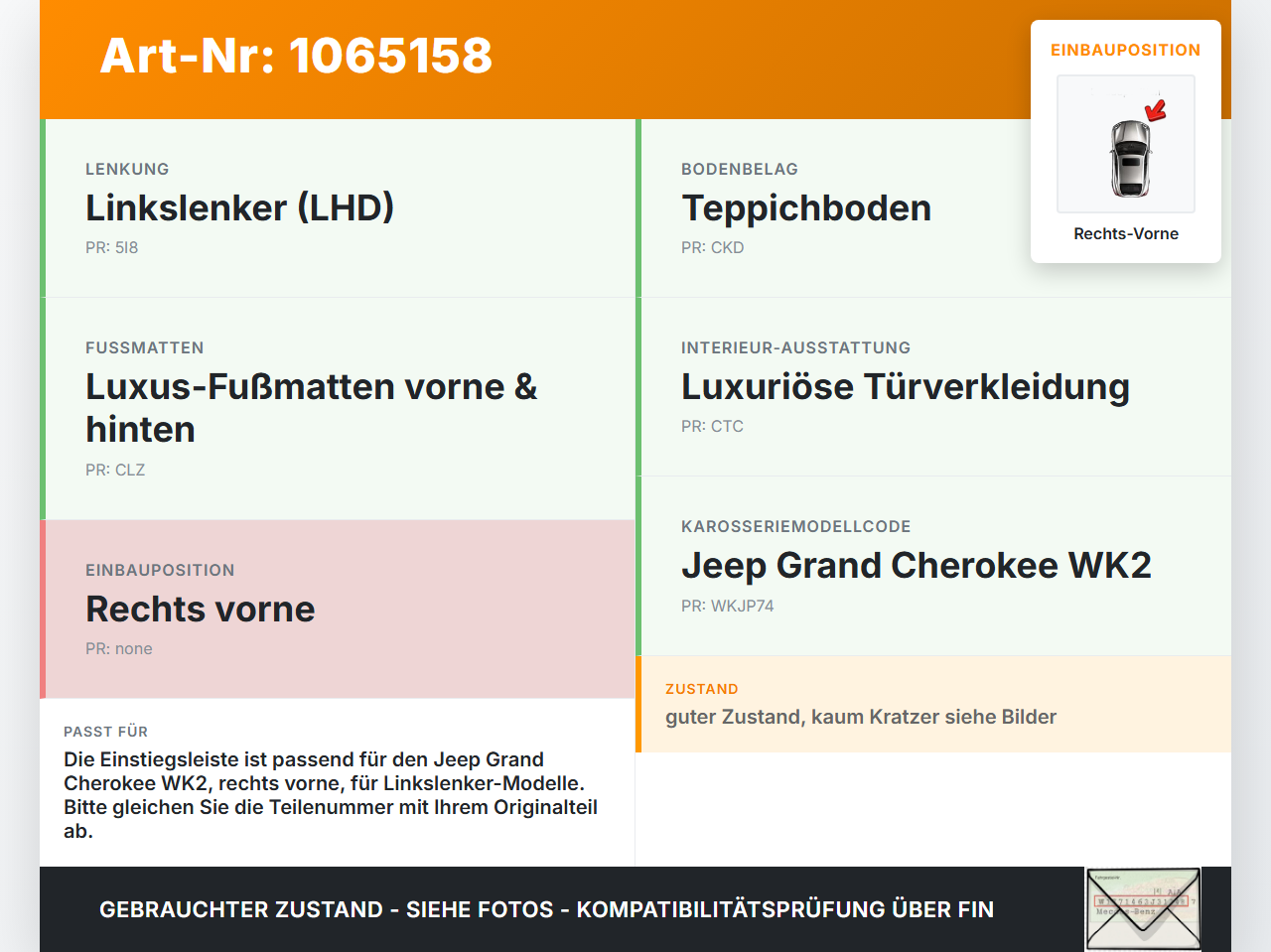 Jeep Grand Cherokee WK2 17-21 Einstiegsleiste Einstiegsblende Sill Plate Rechts Vorne Jeep Grand Cherokee WK2 17-21... Vorschau 3