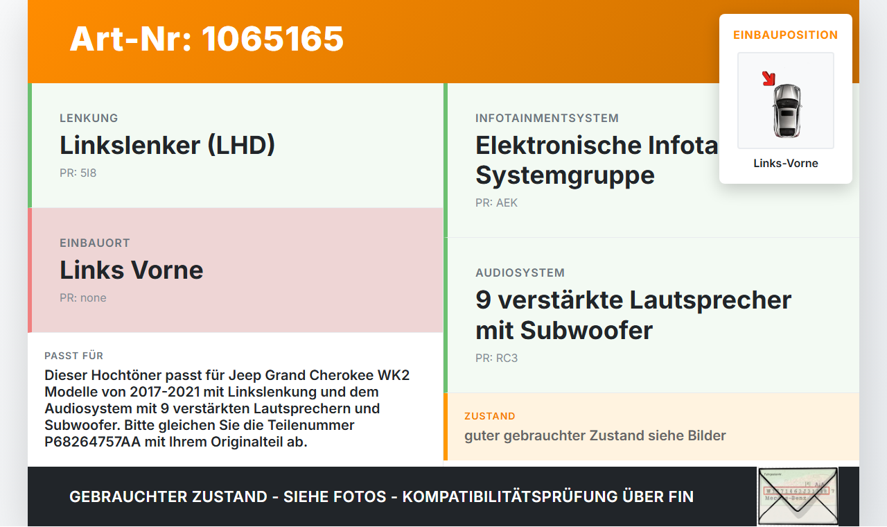Jeep Grand Cherokee WK2 17-21 Lautsprecher Hochtöner Links Vorne Jeep Grand Cherokee WK2 17-21 16.09.2016... Vorschau 3