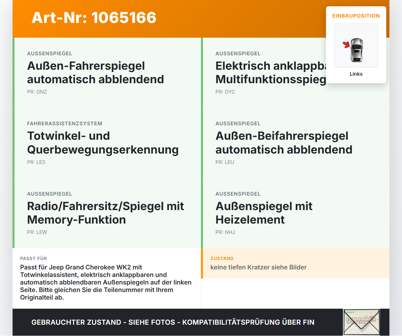 Jeep Grand Cherokee WK2 17-21 Außenspiegel Seitenspiegel Links Elektrochrom Totwinkelassistent PXR Jeep Grand... Vorschau 3
