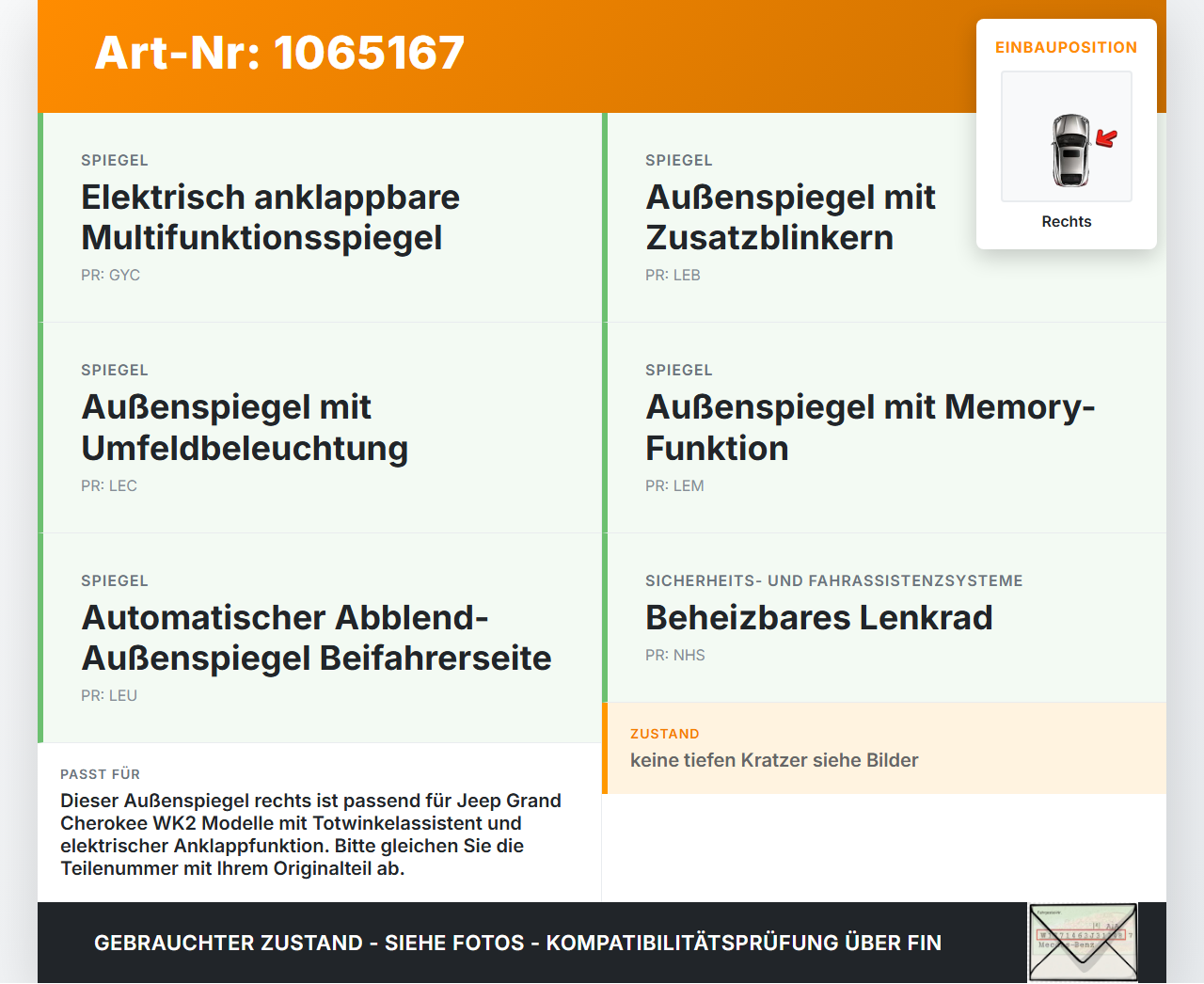 Jeep Grand Cherokee WK2 17-21 Spiegel Aussenspiegel Rechts Elektrochrom Totwinkelassistent Rechts PXR Jeep Grand... Vorschau 3