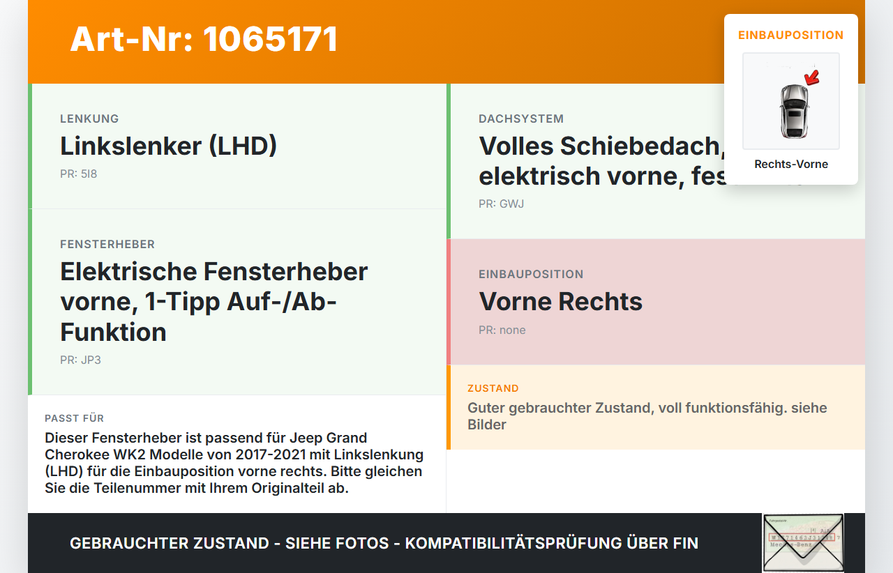 Jeep Grand Cherokee WK2 17-21 Fensterheber o. FH-Motor Rechts Vorne Jeep Grand Cherokee WK2 17-21 16.09.2016... Vorschau 3