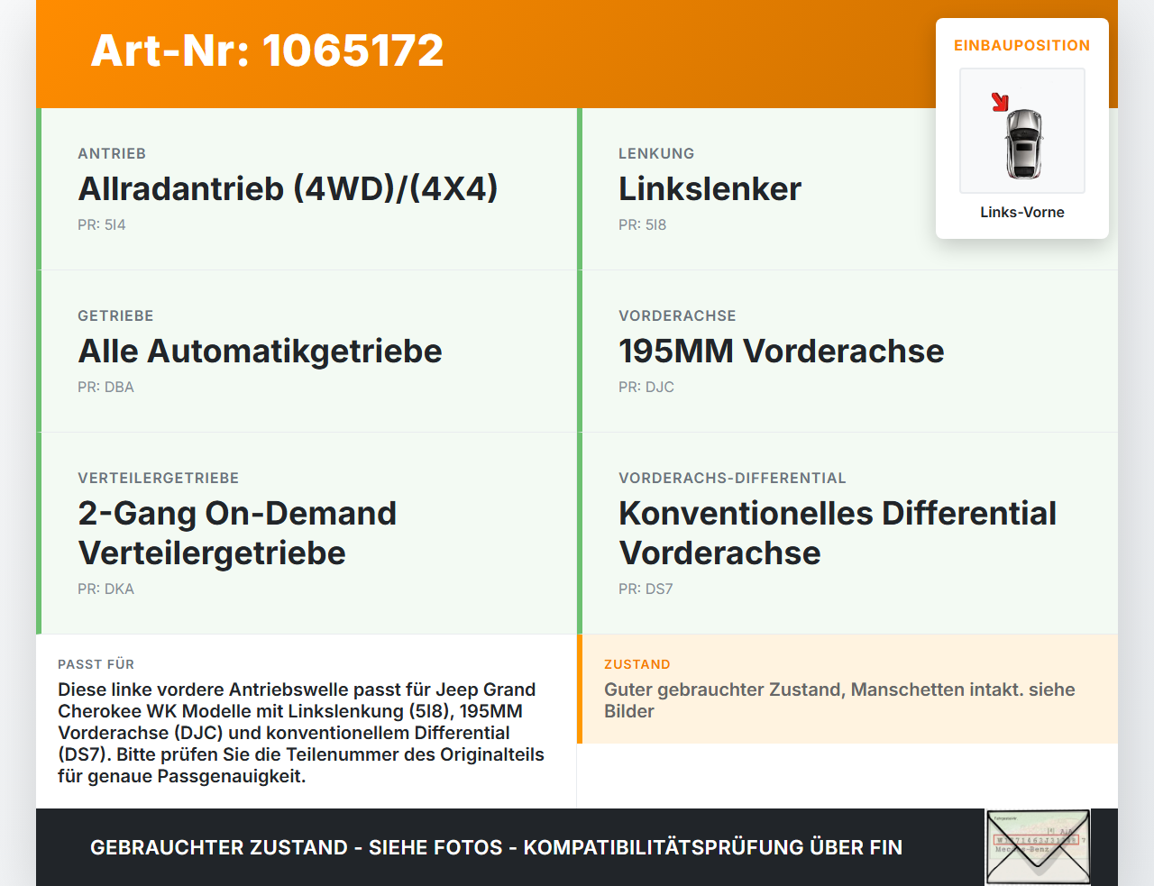 Jeep Grand Cherokee WK2 17-21 3,0d 184KW Autom 4WD Antriebswelle Gelenkwelle Halbwelle Steckwelle Links Vorne Jeep... Vorschau 3