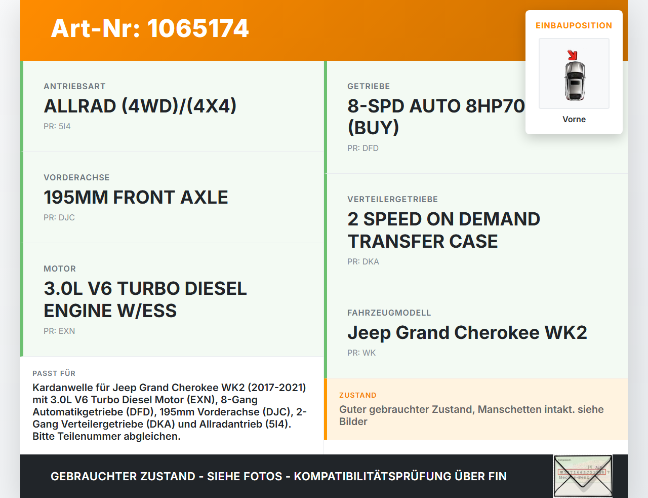 Jeep Grand Cherokee WK2 17-21 3,0d 184KW 4WD Kardanwelle Gelenkwelle Längswelle Vorne Jeep Grand Cherokee WK2 17-21... Vorschau 3