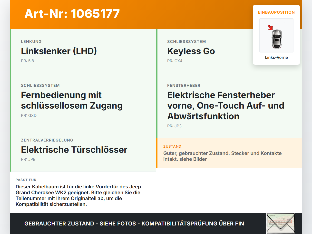 Jeep Grand Cherokee WK2 17-21 Kabelbaum Tür und Fensterheber Links Vorne Jeep Grand Cherokee WK2 17-21 16.09.2016... Vorschau 3