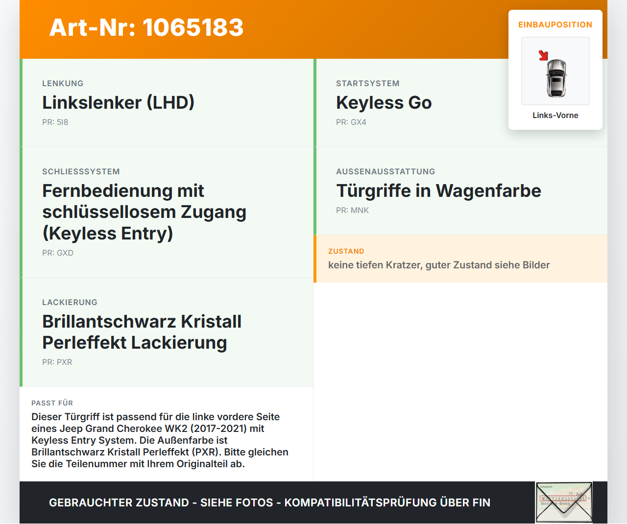 Jeep Grand Cherokee WK2 17-21 Türgriff Griff aussen Links Vorne Keyless Entry PXR Jeep Grand Cherokee WK2 17-21... Vorschau 3