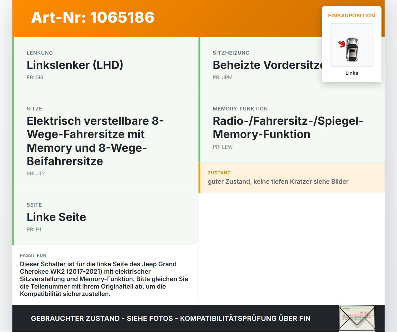 Jeep Grand Cherokee WK2 17-21 Schalter Links für Sitzverstellung Memory Jeep Grand Cherokee WK2 17-21 16.09.2016... Vorschau 3
