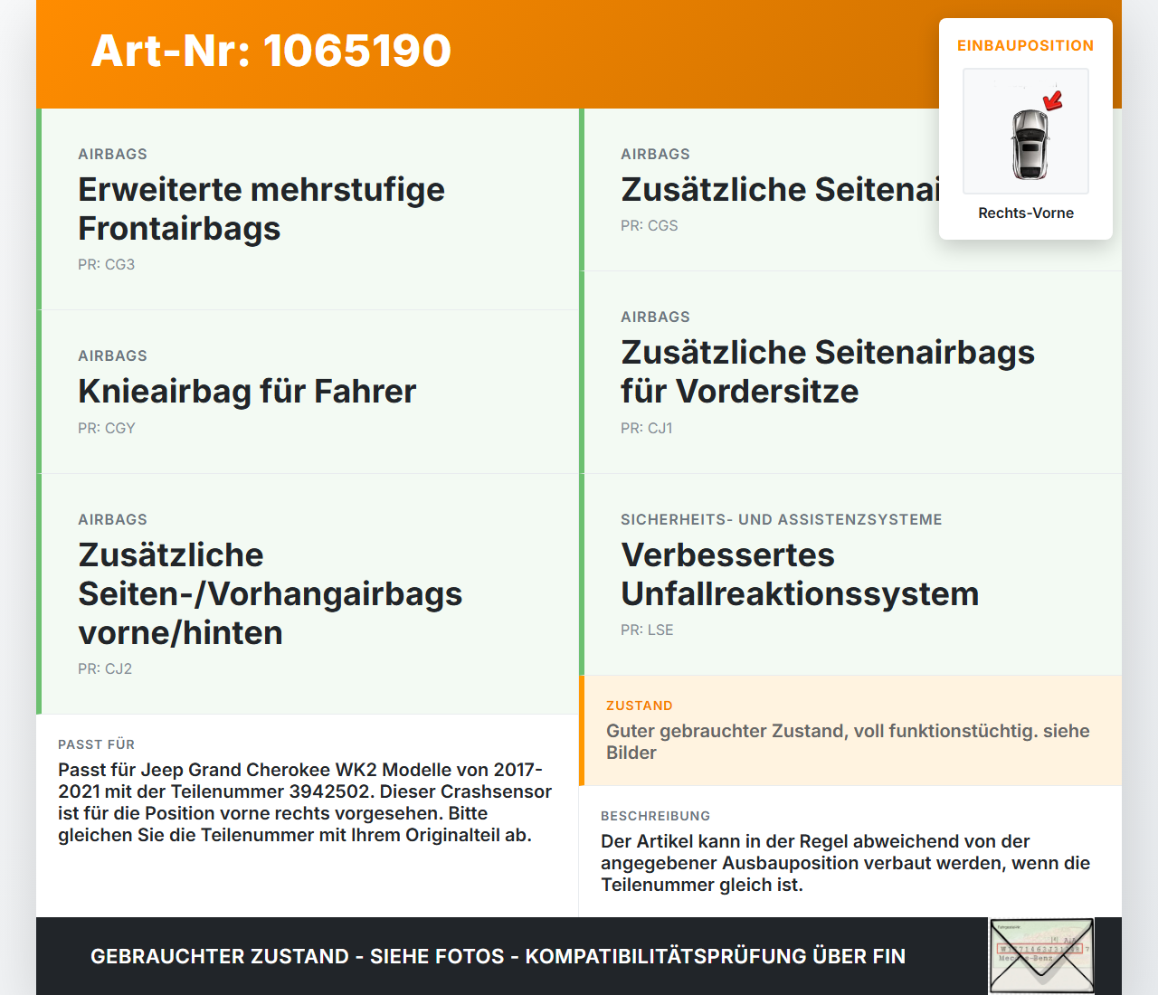 Jeep Grand Cherokee WK2 17-21 Airbagsensor Crashsensor Sensor Vorne Rechts Jeep Grand Cherokee WK2 17-21 16.09.2016... Vorschau 3