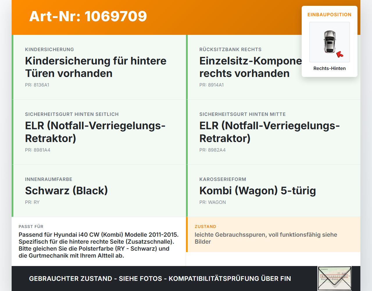 Hyundai I40 CW 11-15 Kombi Gurtschloss Rechts Hinten Zusatzschnalle Hyundai I40 CW 11-15 25.01.2013 898403Z100RY... Vorschau 3