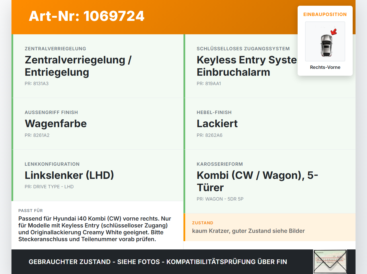 Hyundai I40 CW 11-15 Kombi Türgriff Griff aussen Rechts Vorne Keyless Entry NCW Hyundai I40 CW 11-15 25.01.2013... Vorschau 3