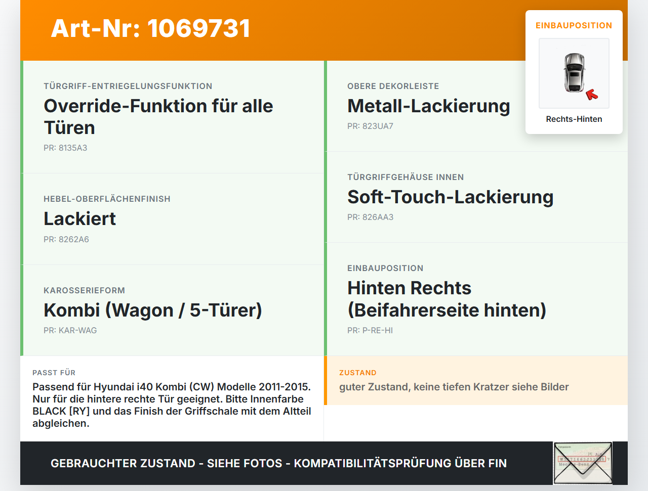 Hyundai I40 CW 11-15 Kombi Griff Griffmuschel Türgriff Innen Rechts Hinten Hyundai I40 CW 11-15 25.01.2013... Vorschau 3