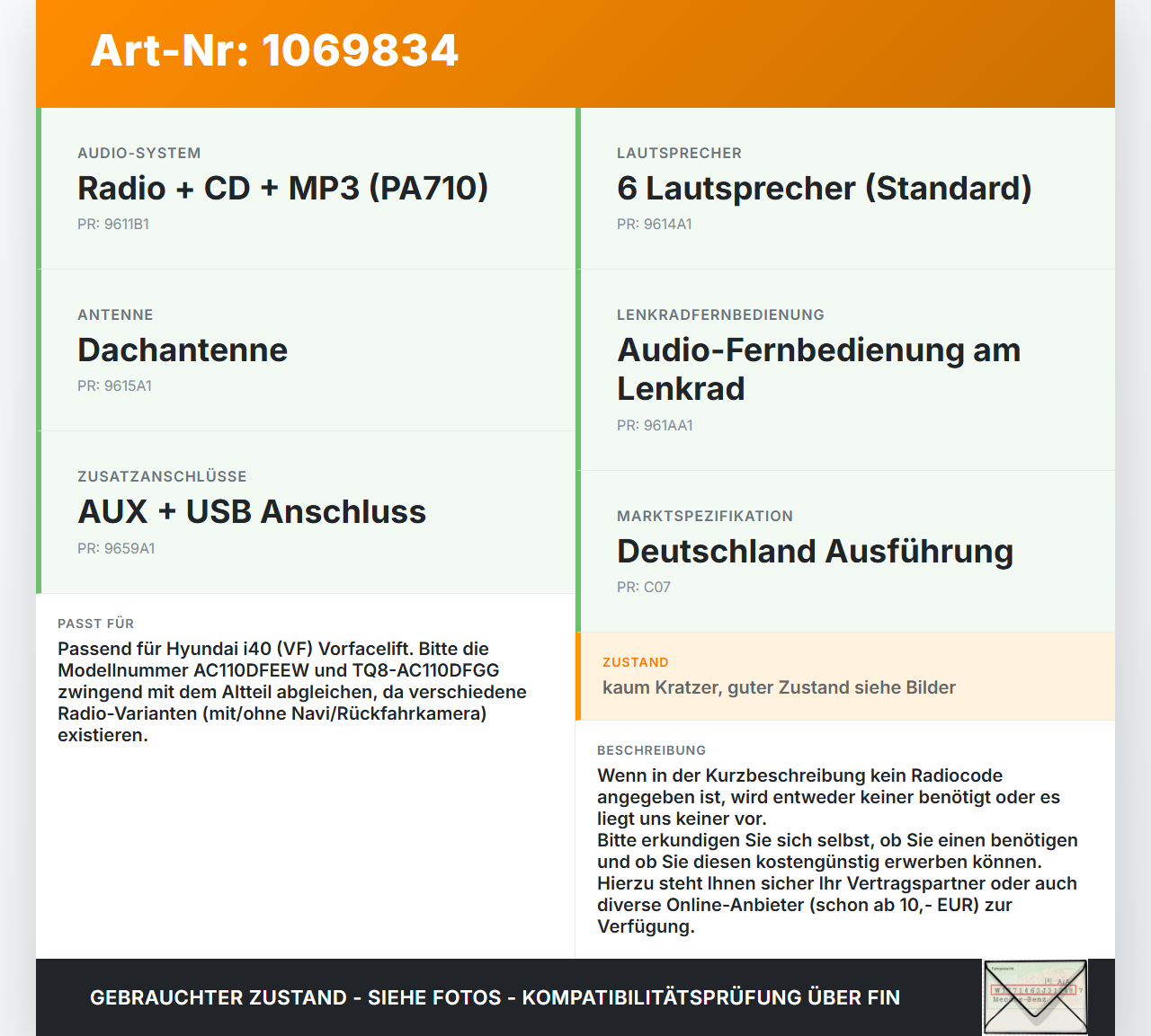 Hyundai I40 CW 11-15 Autoradio CD-Radio Hyundai I40 CW 11-15 25.01.2013 961703Z0504X 96170-3Z0504X AC110DFEEW... Vorschau 3