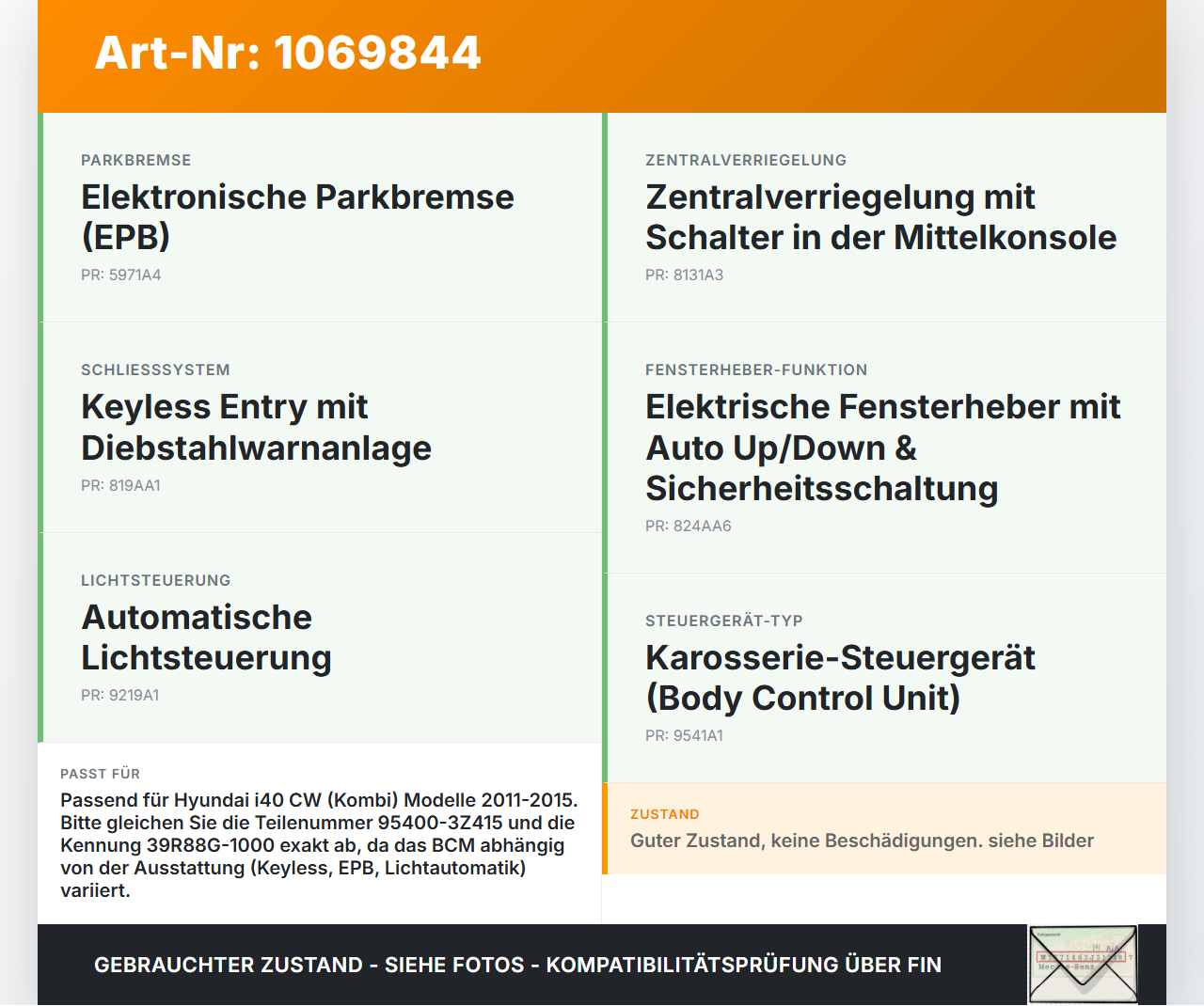 Hyundai I40 CW 11-15 Steuergerät Komfort SG Hyundai I40 CW 11-15 25.01.2013 954003Z415 95400-3Z415 39R88G-1000 gebraucht Vorschau 3