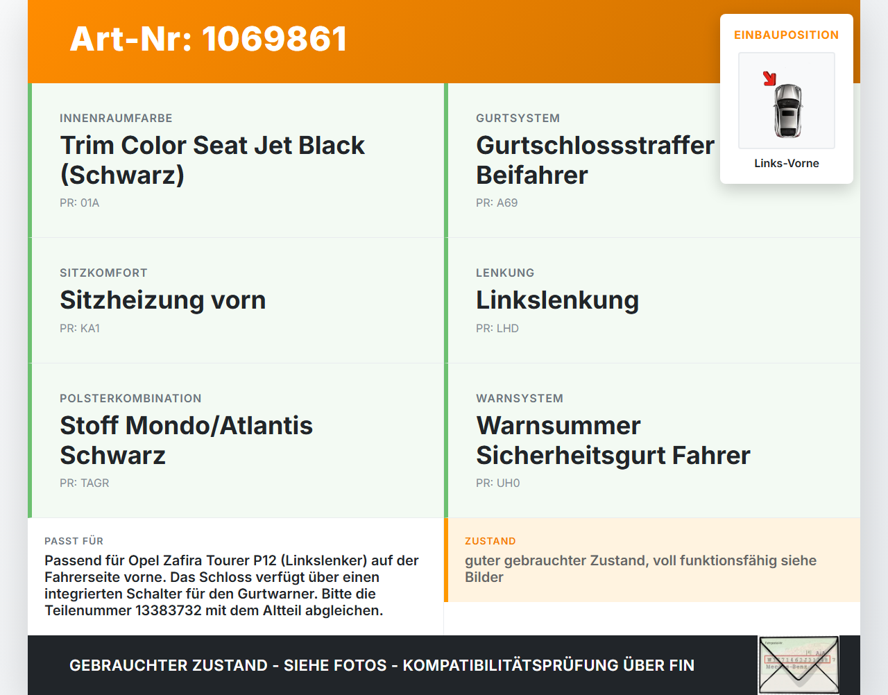 Opel Zafira Tourer P12 16-19 Mehrzweckfahrzeug Gurtschloss Links Vorne Opel Zafira Tourer P12 16-19 20.12.2016... Vorschau 3