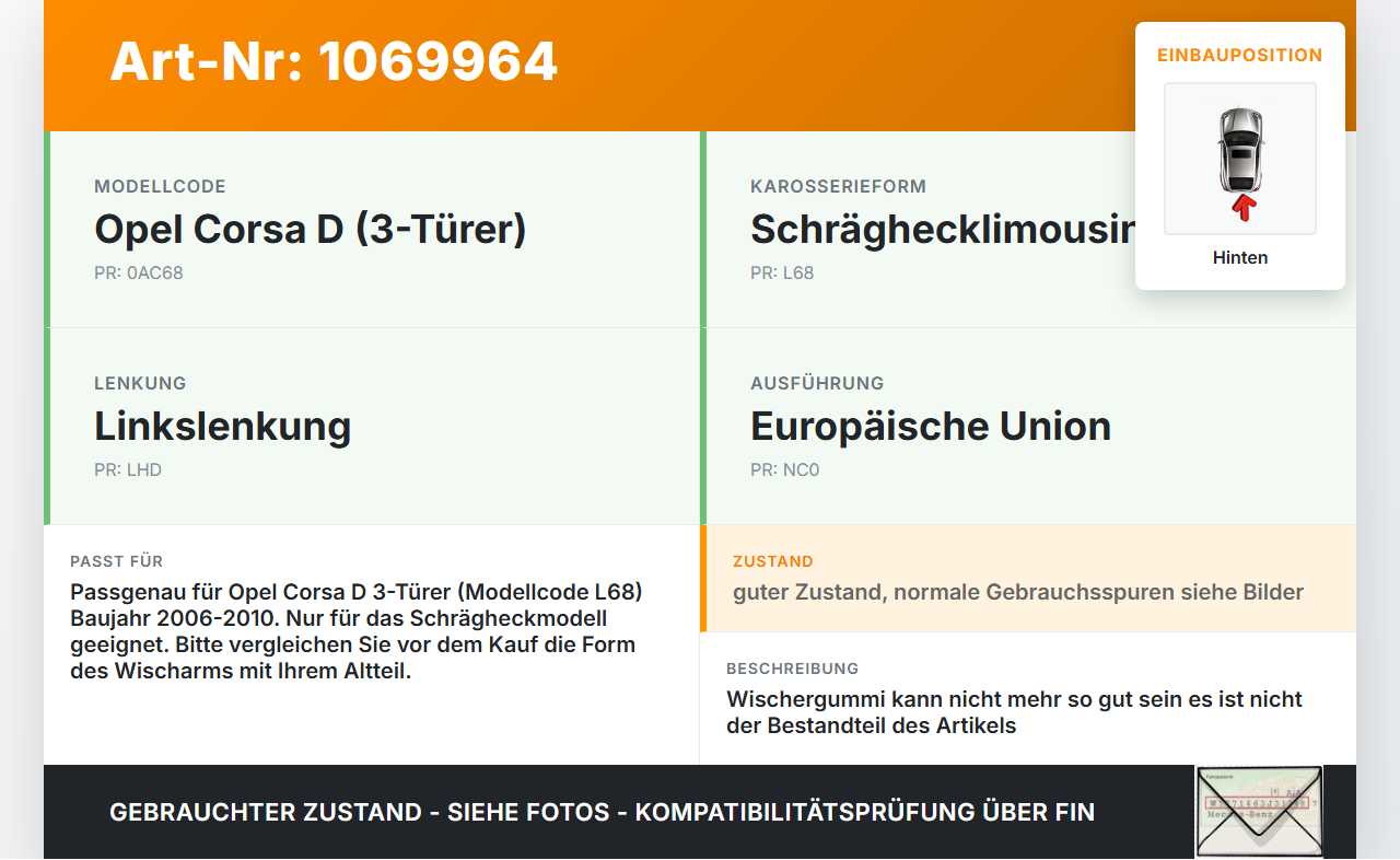 Opel Corsa D 06-10 3 Türer Heckwischer Scheibenwischer Hinten Wischarm Opel Corsa D 06-10 07.11.2008 55703093 gebraucht Vorschau 3