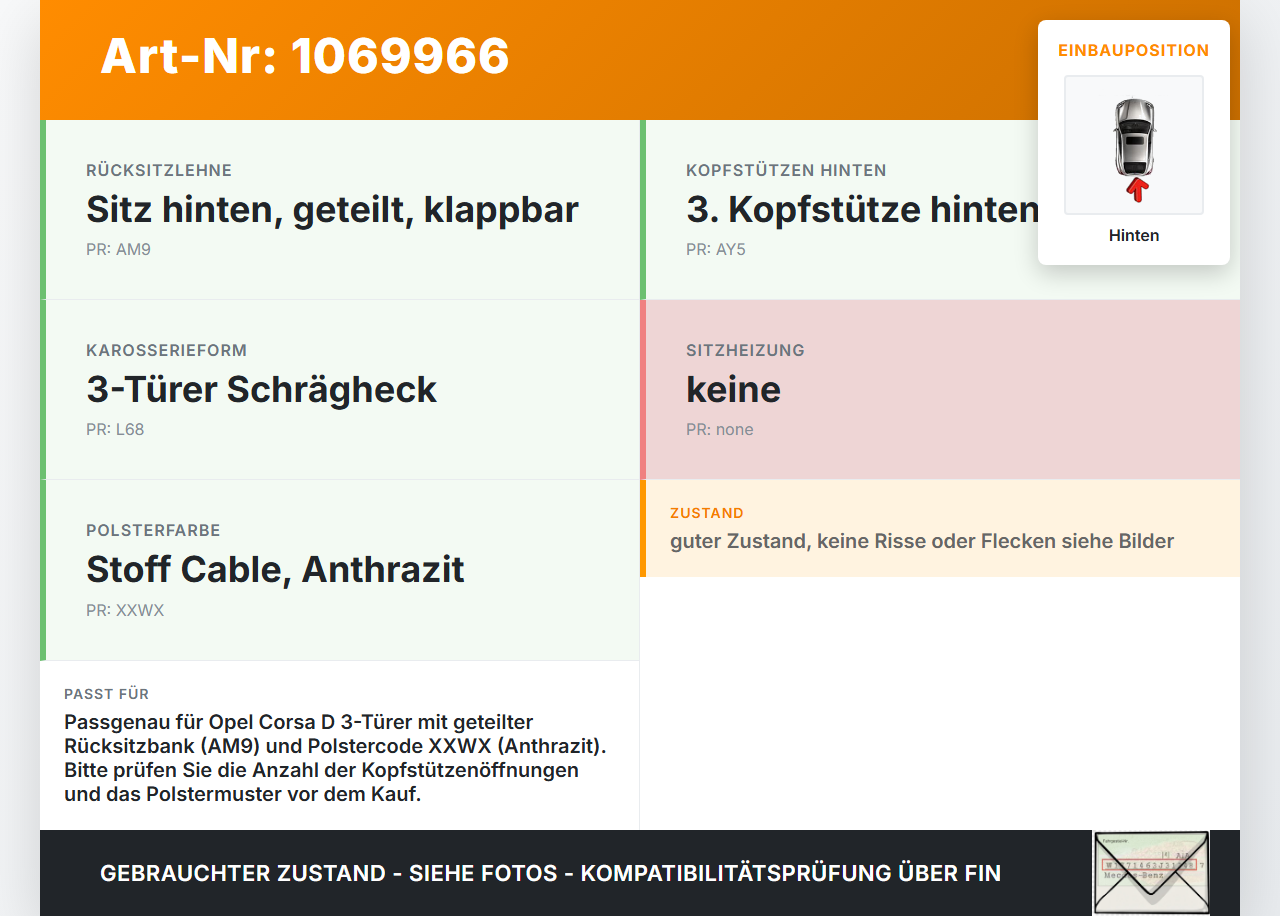 Opel Corsa D 06-10 3 Türer Sitzbezug Sitzpolster für Rücksitzbank Hinten Opel Corsa D 06-10 07.11.2008 13210501... Vorschau 3