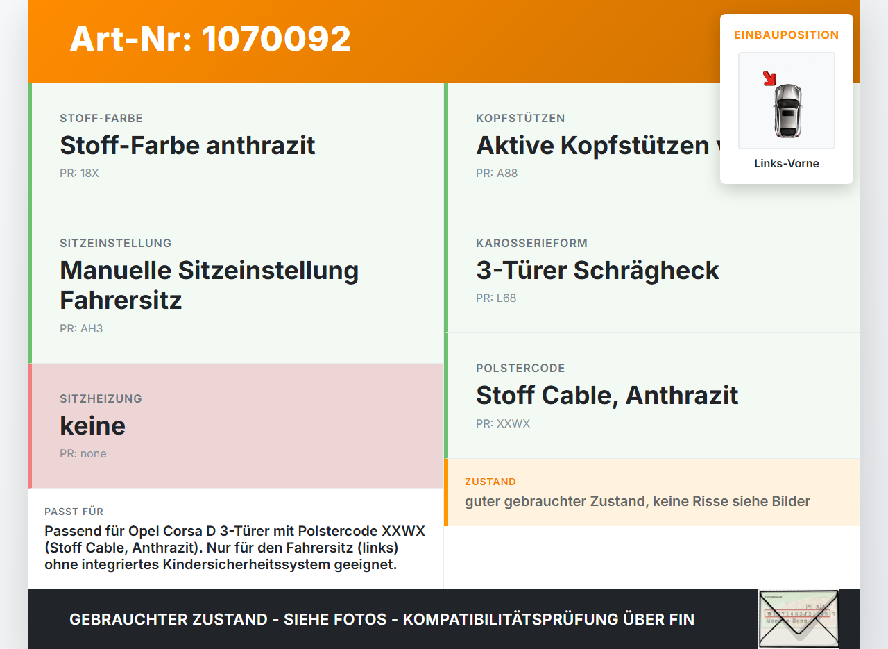 Opel Corsa D 06-10 3 Türer Sitzbezug Sitzpolster für Fahrersitz Sitz Links Vorne Opel Corsa D 06-10 07.11.2008... Vorschau 3