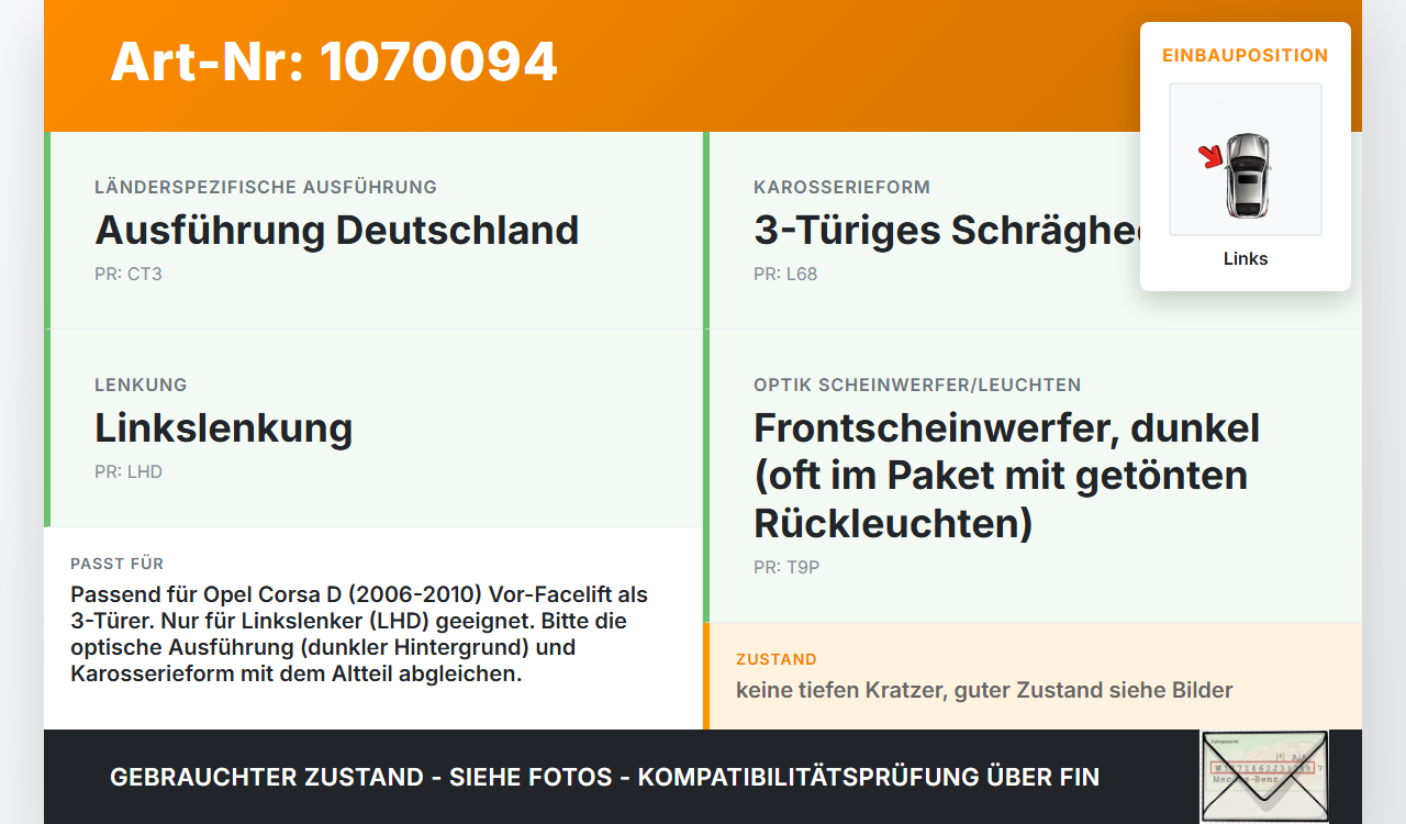 Opel Corsa D 06-10 3 Türer Rückleuchte Rücklicht Heckleuchte Links orig Opel Corsa D 06-10 07.11.2008 93190950 gebraucht Vorschau 3