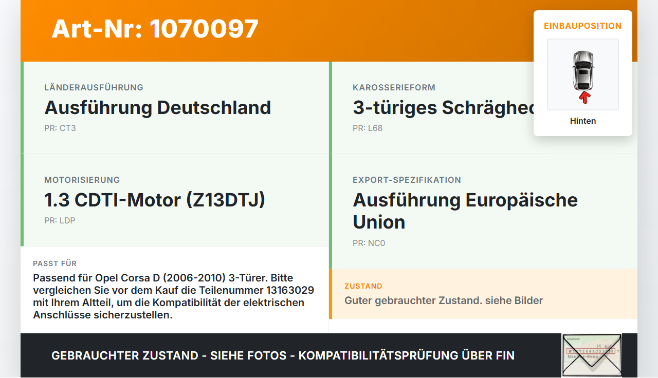 Opel Corsa D 06-10 3 Türer Wischermotor Hinten Heckwischermotor Opel Corsa D 06-10 07.11.2008 13163029 53027312... Vorschau 3