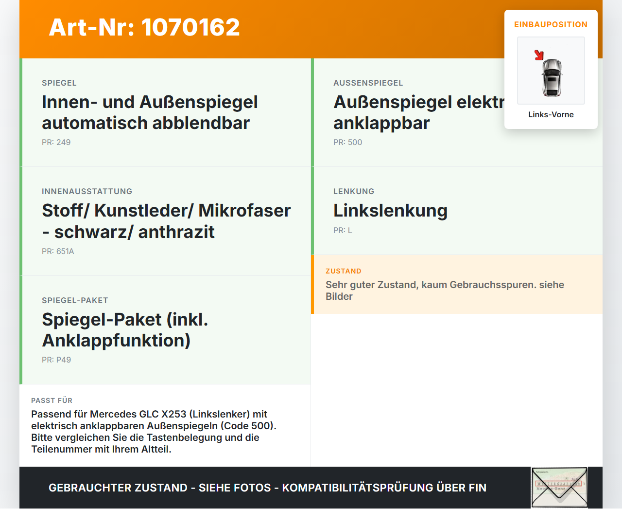 Mercedes X253 15-19 Kombi Fensterheberschalter Schalter Links Vorne u. Spiegelverstellung Mercedes X253 15-19... Vorschau 3