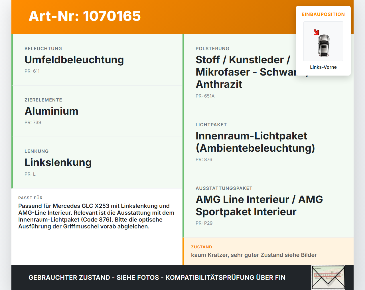 Mercedes X253 15-19 Kombi Türgriff Griff Griffmuschel Innen Links Vorne Mercedes X253 15-19 14.09.2015 A2057600100... Vorschau 3