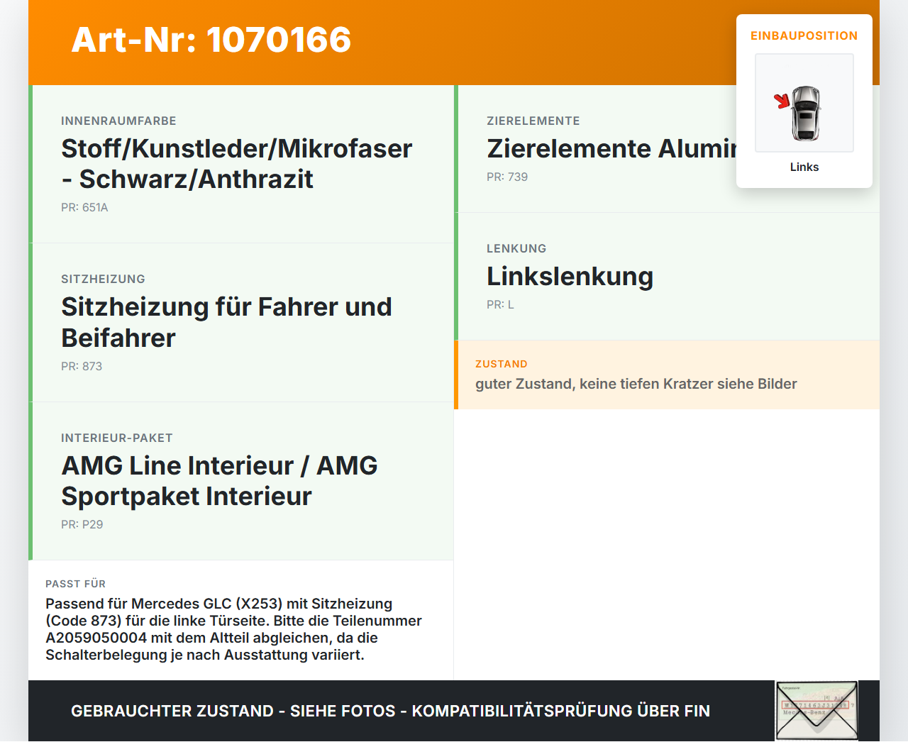 Mercedes X253 15-19 Schalter Regler für Sitzheizung Links Mercedes X253 15-19 14.09.2015 A2059050004 12836973 gebraucht Vorschau 3