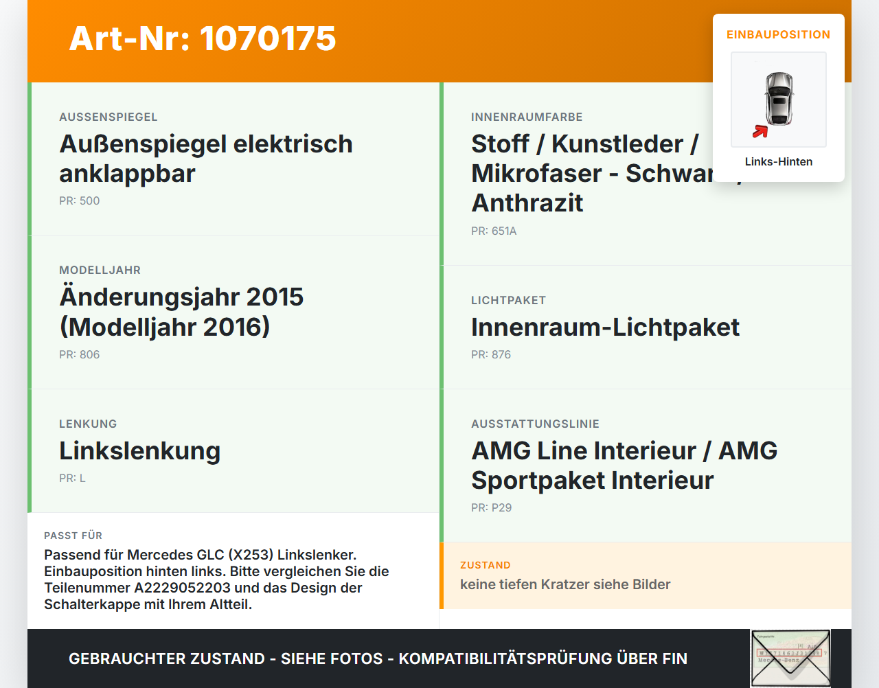 Mercedes X253 15-19 Kombi Fensterheberschalter Schalter Links Hinten Mercedes X253 15-19 14.09.2015 A2229052203... Vorschau 3