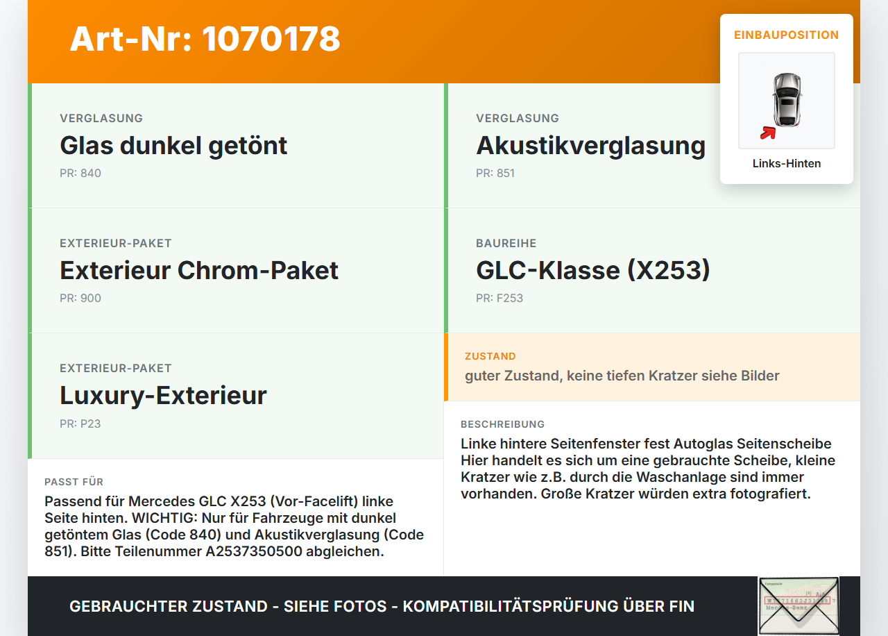Mercedes X253 15-19 Kombi Seitenscheibe Feste Scheibe Links Hinten Mercedes X253 15-19 14.09.2015 A2537350500... Vorschau 3