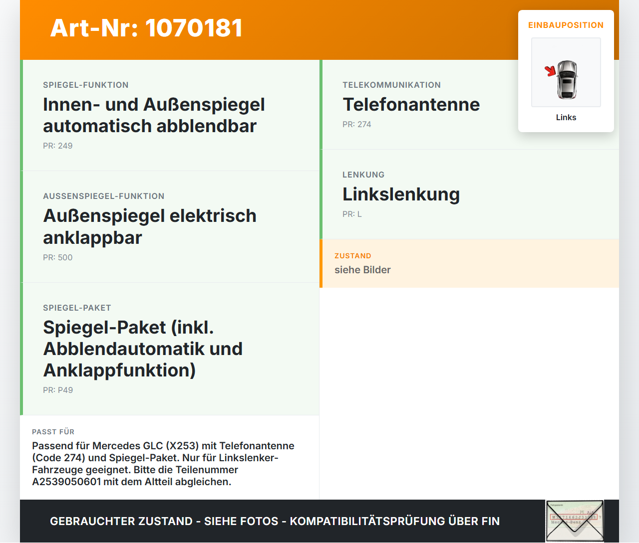 Mercedes X253 15-19 Antennenverstärker für Spiegel Links Aussen Mercedes X253 15-19 14.09.2015 A2539050601... Vorschau 3