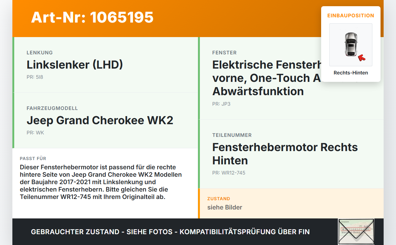 Jeep Grand Cherokee WK2 17-21 Fensterhebermotor Rechts Hinten Jeep Grand Cherokee WK2 17-21 16.09.2016 931403-103... Vorschau 3