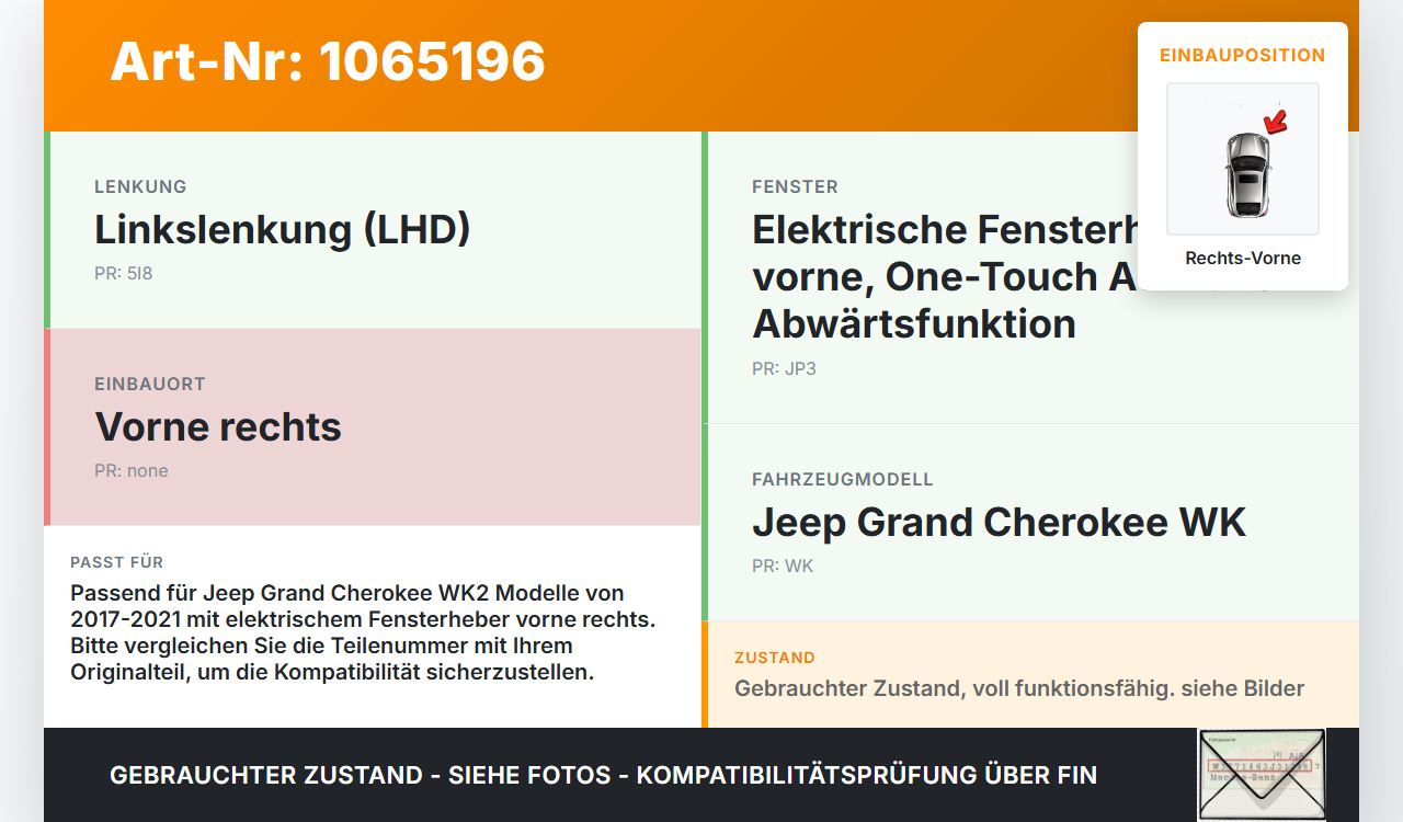 Jeep Grand Cherokee WK2 17-21 Fensterhebermotor Rechts Vorne Jeep Grand Cherokee WK2 17-21 16.09.2016 WR12-744... Vorschau 3