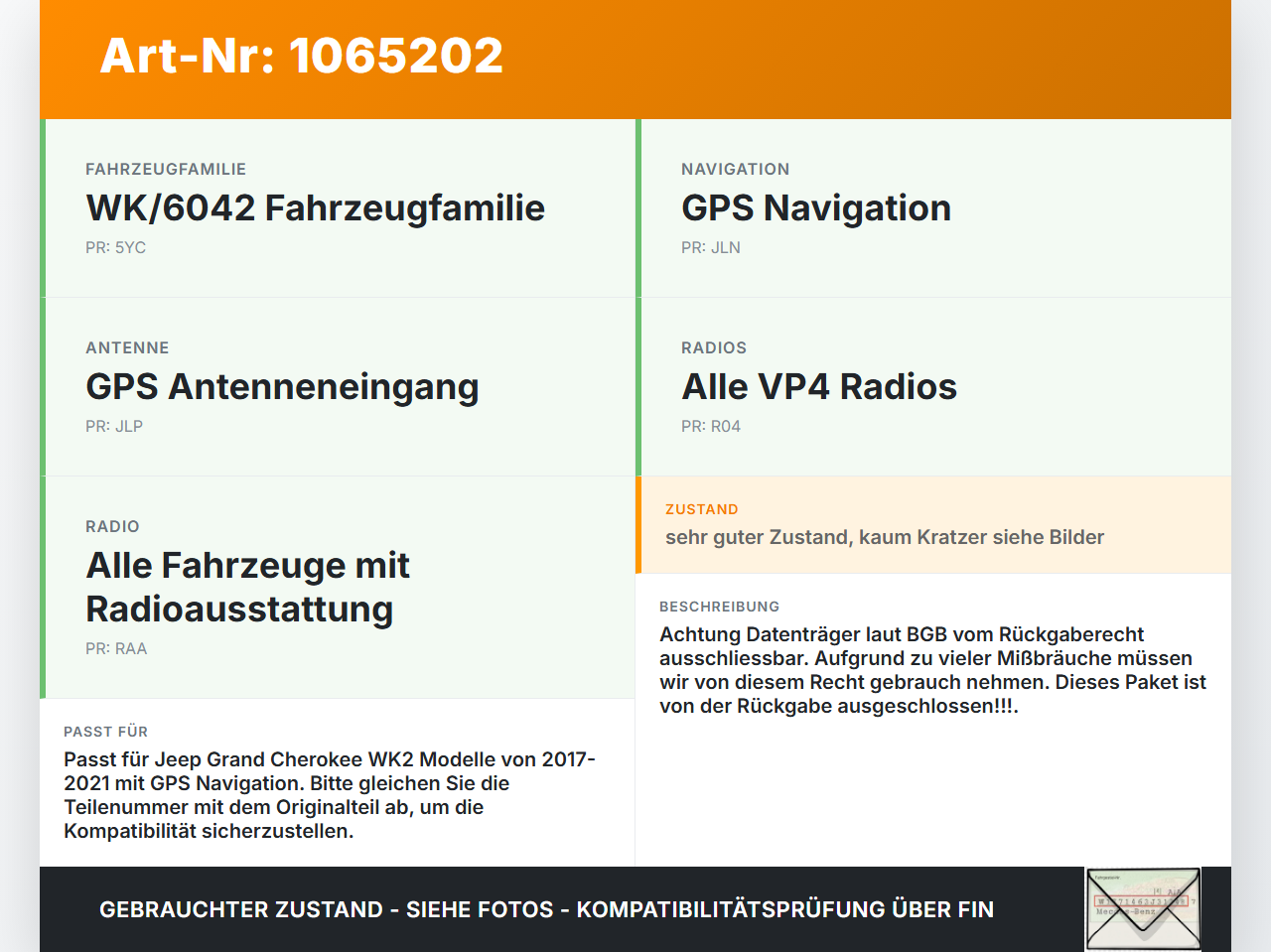 Jeep Grand Cherokee WK2 17-21 Navi DVD Navigation Karten CD orig. Jeep Grand Cherokee WK2 17-21 16.09.2016... Vorschau 3