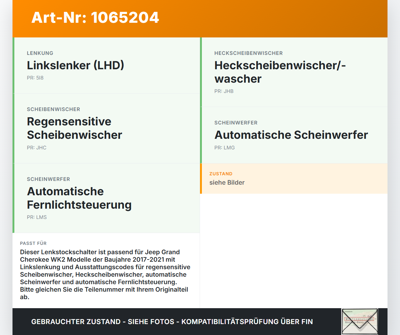 Jeep Grand Cherokee WK2 17-21 Lenkstockschalter Wisch Blinker Kombischalter Jeep Grand Cherokee WK2 17-21... Vorschau 3