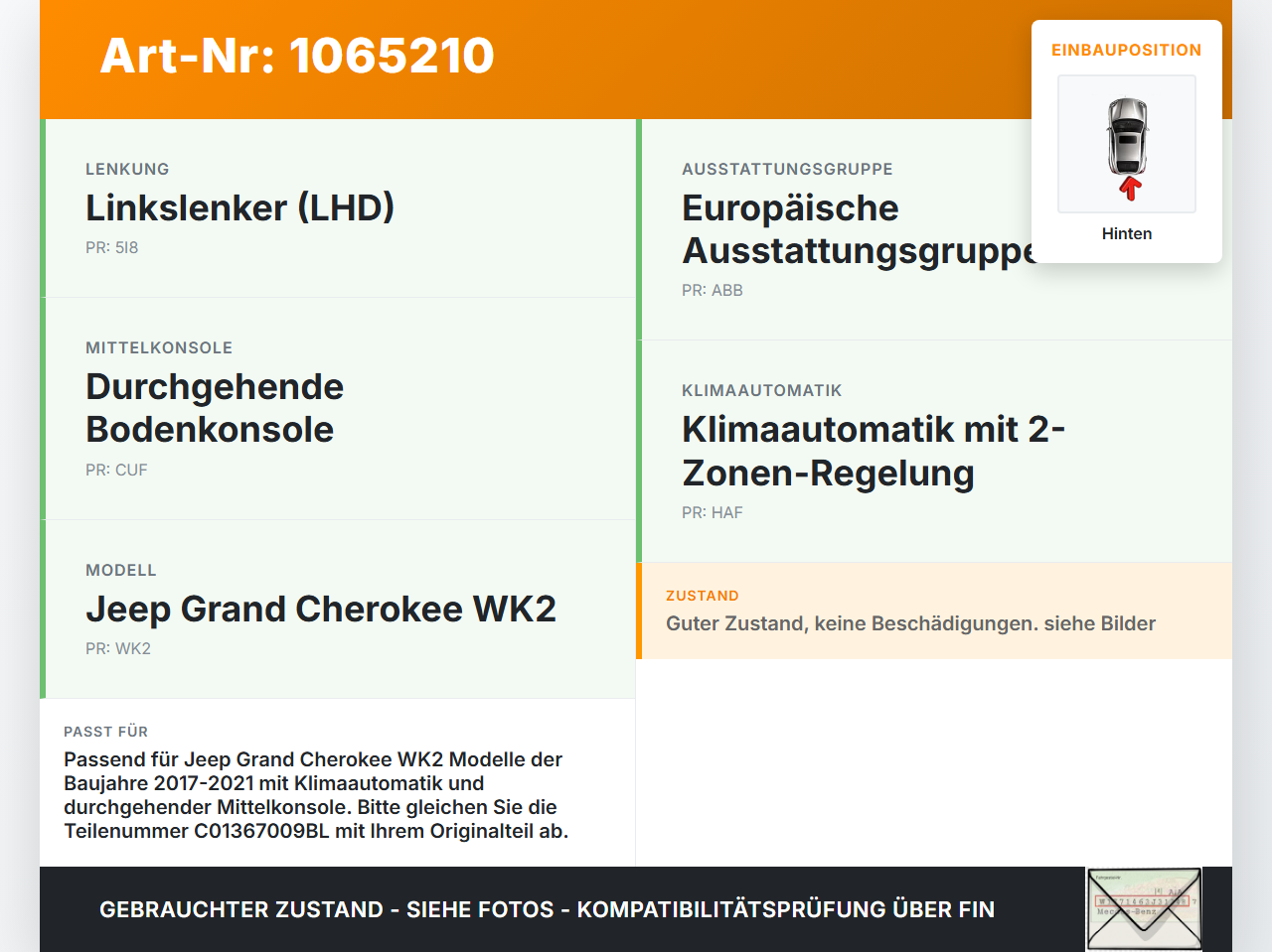 Jeep Grand Cherokee WK2 17-21 Luftdusche Luftdüse Mitte Hinten Jeep Grand Cherokee WK2 17-21 16.09.2016 C01367009BL... Vorschau 3