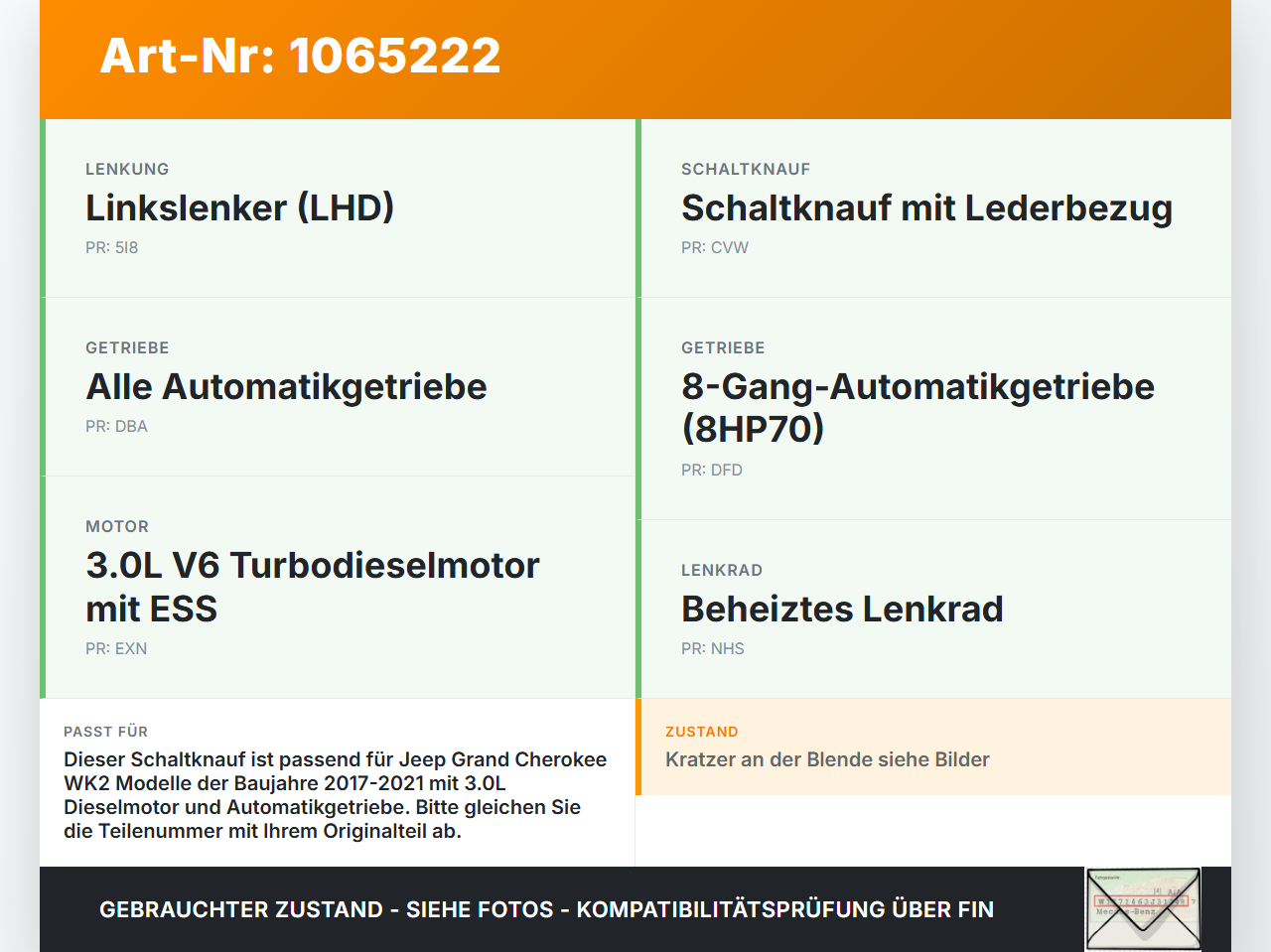Jeep Grand Cherokee WK2 17-21 3,0d 184KW Autom Schaltknauf für Schalthebel Gangschalter Jeep Grand Cherokee WK2... Vorschau 3