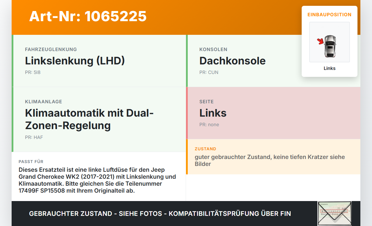 Jeep Grand Cherokee WK2 17-21 Luftdusche Luftdüse Links Jeep Grand Cherokee WK2 17-21 16.09.2016 VP-00007406... Vorschau 3